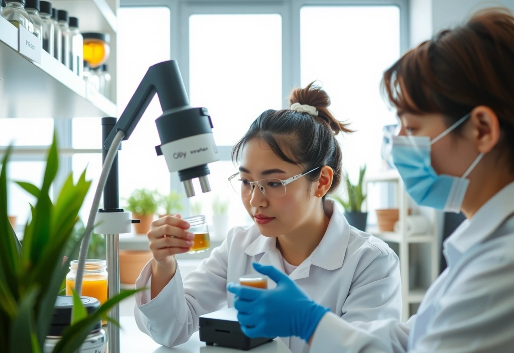 Scientists in a modern, clean lab examining natural ingredients with advanced equipment